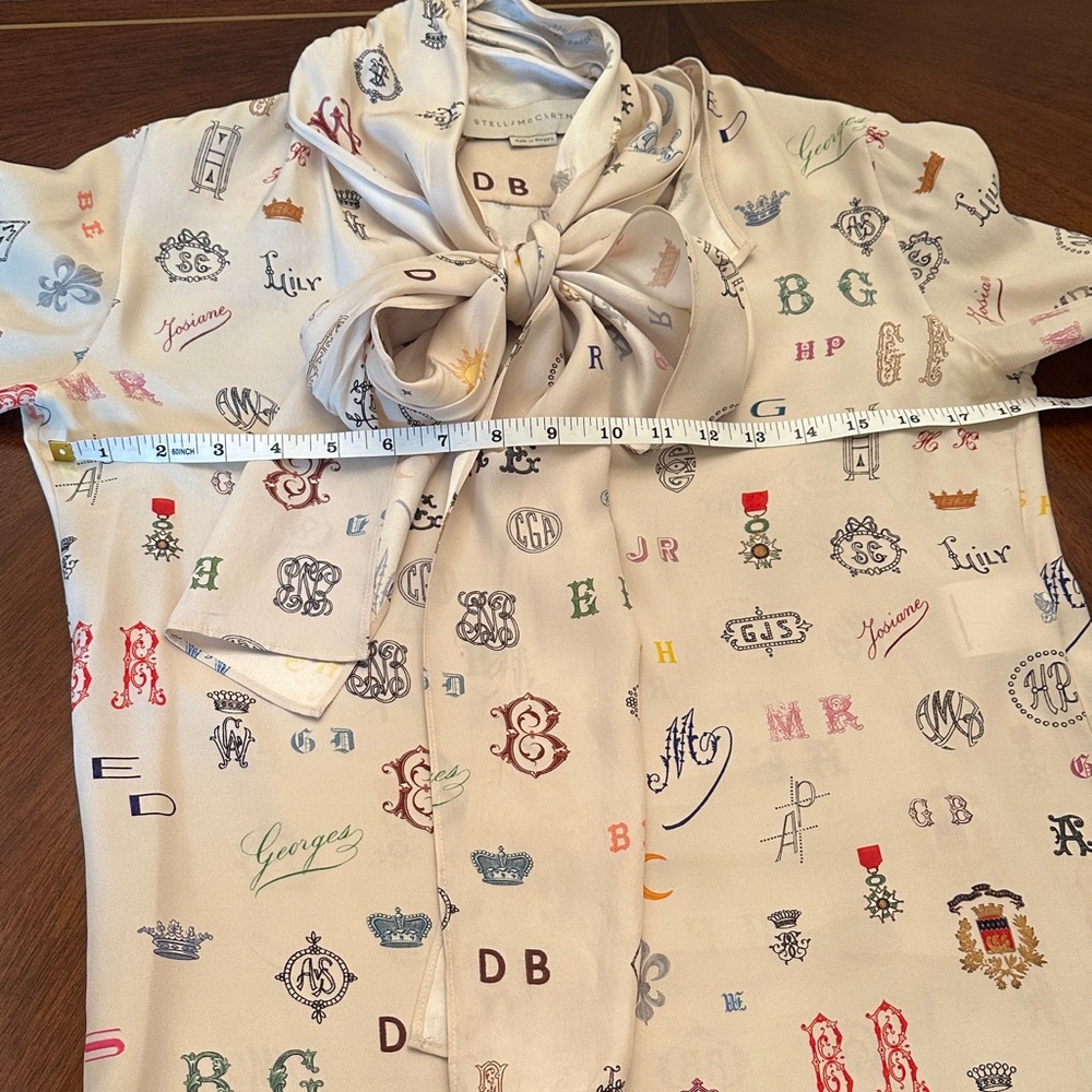 Stella McCartney Designer Monogram Print Bow-Tie Blouse – Cream Silk-Feel Top - Picture 7 of 9